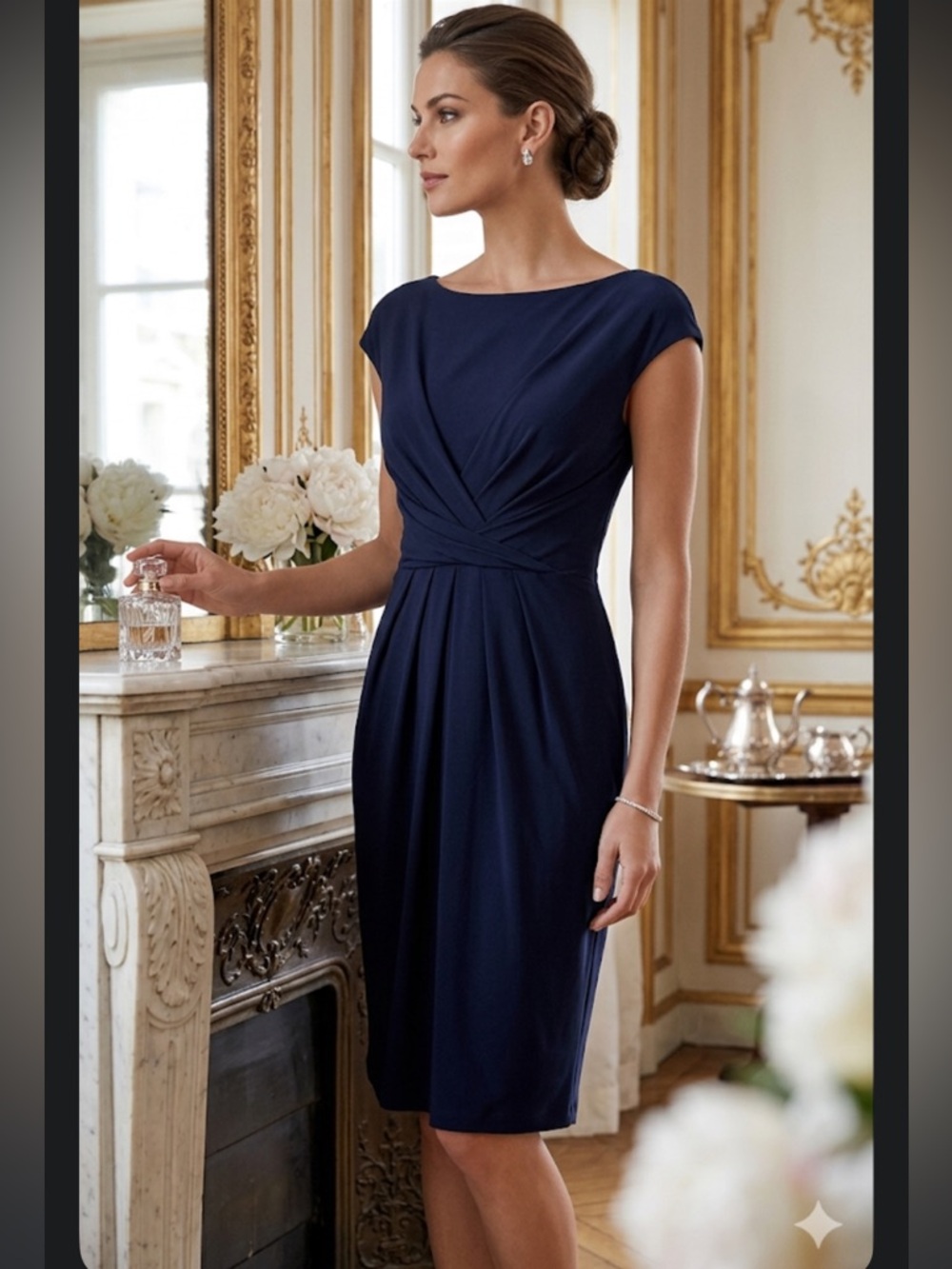 NWT Jessica Howard Navy Blue Ruched Sheath Dress Petite 8P